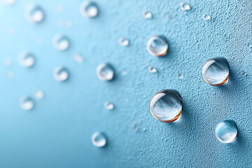 Water droplets on a blue surface, creating a macro view, showcasing their clarity and reflective properties. The light plays beautifully, enhancing their three-dimensional quality.