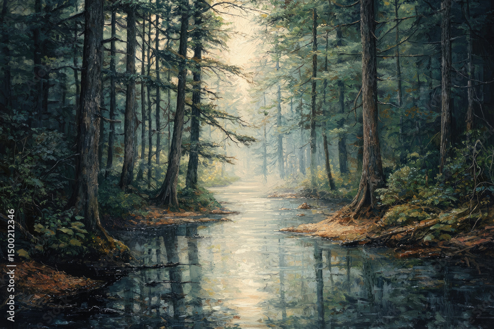Aufkleber serene forest stream reflecting sunlight through tall trees, creating a mystical atmosphere.
