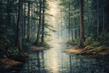 Fototapeta premium Serene forest stream reflecting sunlight through tall trees, creating a mystical atmosphere.