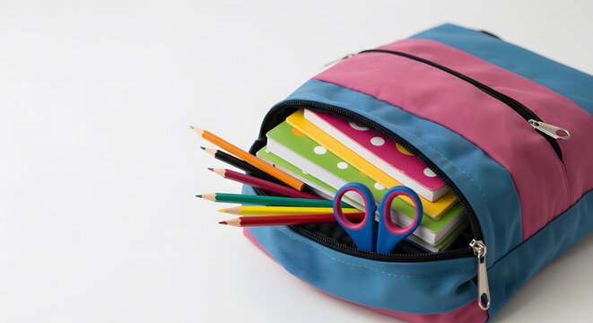 Backpack Full of Essentials: A colorful backpack spills over with an array of school supplies, ready for learning and creativity. Vividly displays books, colorful pencils, and scissors.