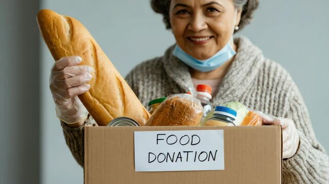 Senior woman with food donation box, wearing mask and gloves