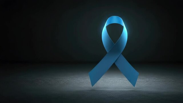 Glowing blue ribbon symbolizing awareness on dark background
