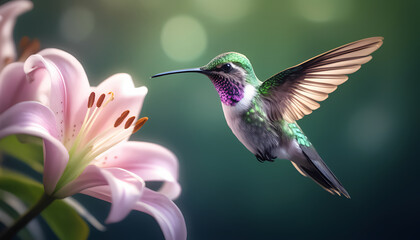 Fototapeta premium A hummingbird is perched on a pink flower