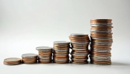Image shows stacks of coins arranged in ascending order. Concept represents financial growth, investment returns, economic prosperity. Rising stacks of coins, concept of wealth, savings. Financial