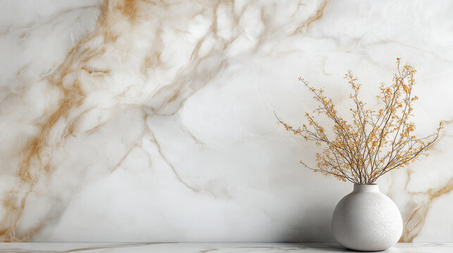 
A polished emperador marble surface on a clean white background featuring a simple white vase that highlights the stone’s rich brown texture.