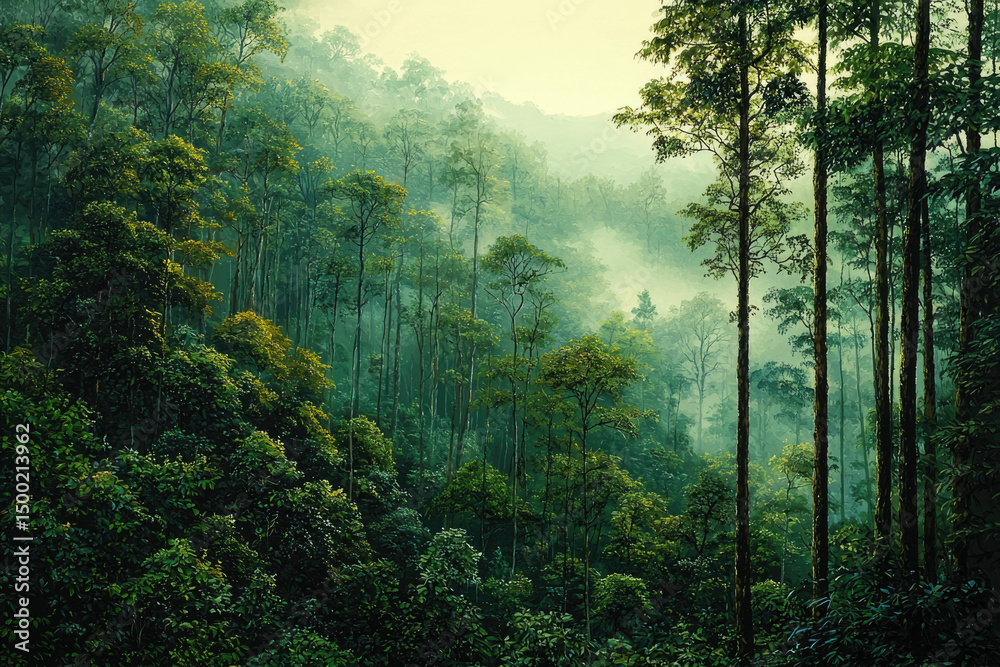 Poster misty morning in a lush green forest, dense vegetation and tall trees creating a serene atmosphere.