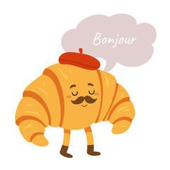 Funny cartoon croissant with a mustache, red beret, and speech bubble saying "Bonjour".  