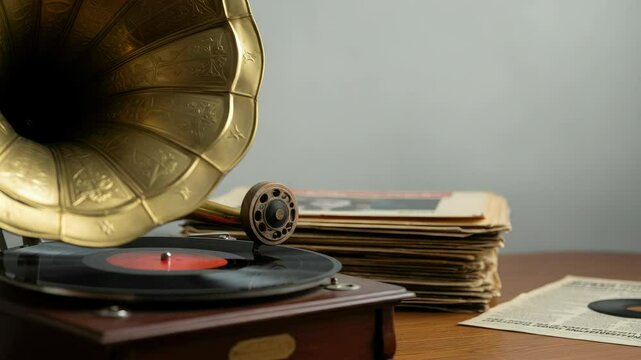 Vintage gramophone playing black vinyl record with stack of newspapers