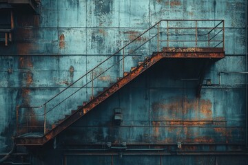 A rusted metal staircase climbs up the side of a weathered, teal industrial building, displaying aging and decay.