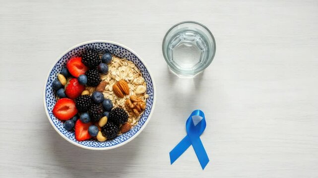 Healthy breakfast bowl with berries, nuts, and oats beside glass of water blue awareness ribbon