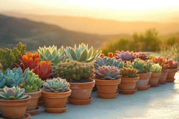A vibrant collection of succulents in terracotta pots basking in the warm glow of sunset light.