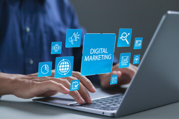 Digital Marketing Data Analytics Concept. Management, SEO, target, advertising and ecommerce. Businessman using laptop with digital marketing management icon on virtual screen.