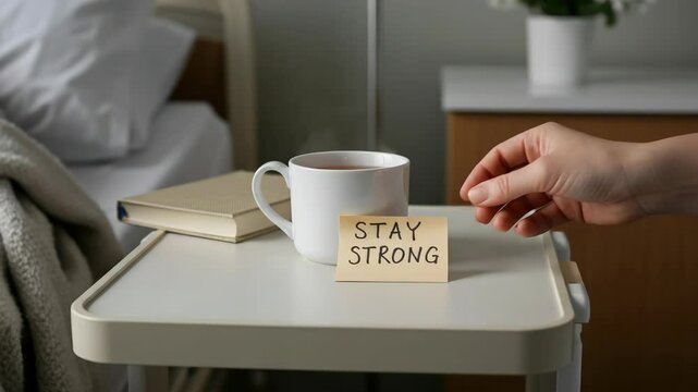 Hand holding "Stay Strong" card near coffee on hospital bedside table