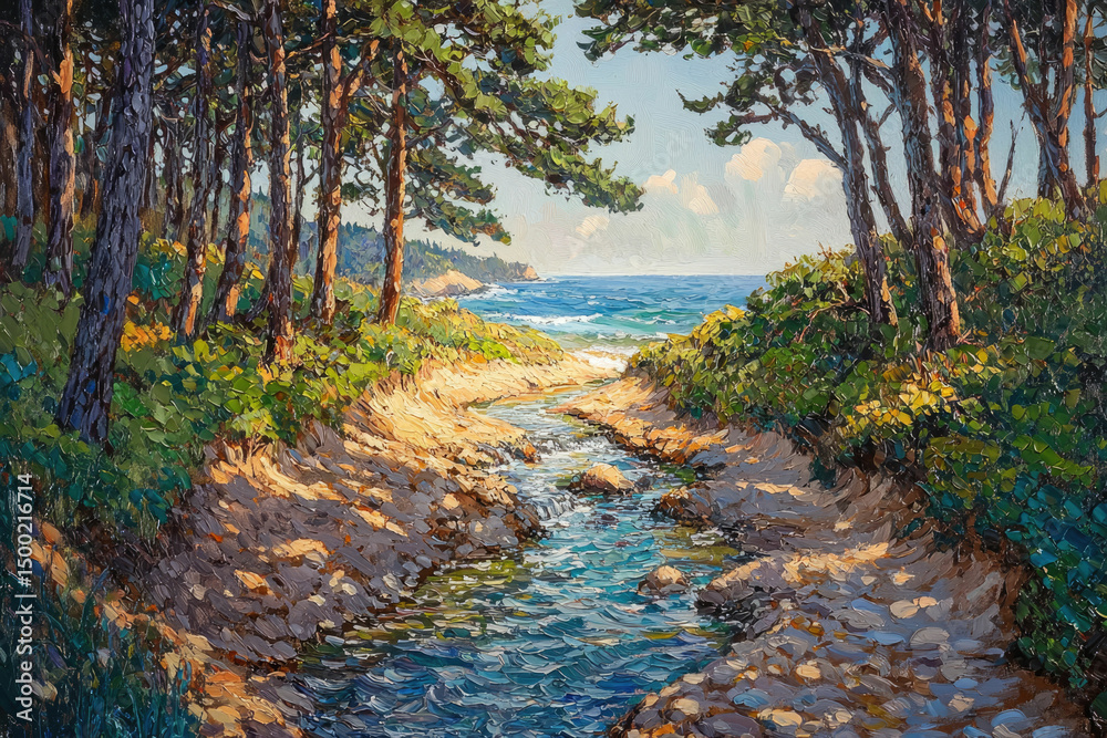 Aufkleber serene coastal scene: sunlit stream flows through pine trees to a tranquil ocean.
