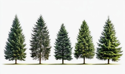 Fototapeta premium Collection of large pine trees isolated on white background. AI generated illustration.