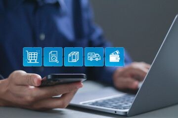 Online shopping digital concept. E-commerce online store marketing and internet supermarket connect. Businessman using smartphone and laptop with online shopping cons.