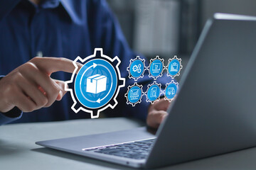 Logistic and transport concept. Businessman using laptop with supply chain icon for Logistic management, organizing and controlling resources to meet the needs of customers.