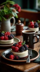 Cozy berry cheesecake dessert with coffee on wooden table
