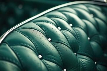 Obraz premium A close-up of a luxurious, emerald green leather seat with diamond stitching and silver accents evoking vintage automobile style.
