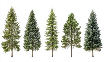 Obraz premium Collection of large pine trees isolated on white background. AI generated illustration.