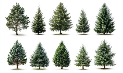 Obraz premium Collection of large pine trees isolated on white background. AI generated illustration.