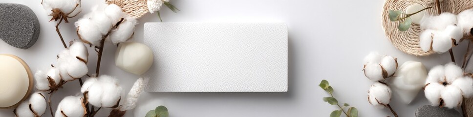 The concept of skincare, cosmetology, and dermatology is showcased through a flat lay of natural organic cosmetics, such as tonic and cream, on a white background with cotton flowers, presented in a