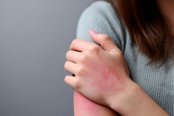 The closeup of a girl scratching her hand with her nails reveals the effects of dermatological skin diseases, including redness, inflammation, and itching