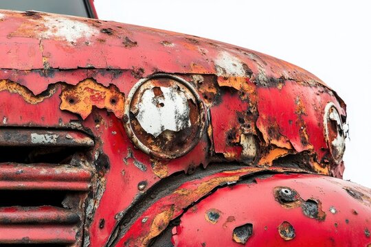 Fototapeta Severely rusted red vintage car hood, showing significant paint loss and corrosion.