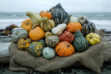 A diverse assortment of pumpkins and gourds are artfully arranged on burlap with ocean backdrop.