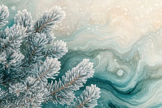 Frost-covered pine branch against a teal and beige marbled background, winter scene.
