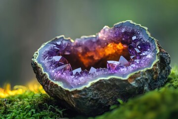 A vibrant amethyst geode rests on moss, showcasing its purple crystals and a warm orange glow within.