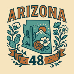 Vintage Arizona state emblem vector illustration with desert scene and cacti – retro collegiate badge design