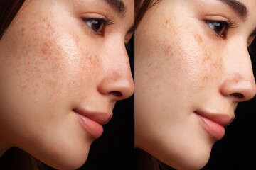 Two pictures are used to compare the effect before and after the treatment, showcasing skin issues such as freckles, pores, dullness, and wrinkles, and how they are resolved to achieve better skin