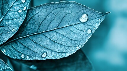 Fototapeta premium Stunning Teal Leaf Macro Photography with Water Droplets