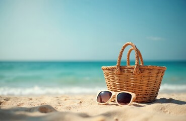 Wicker basket rests on sandy beach near sunglasses. Sea water at background. Relax, vacation leisure concept. Sun, sky. Picnic spot, holiday, travel. Summer vacation time. Tropical, seaside, ocean.