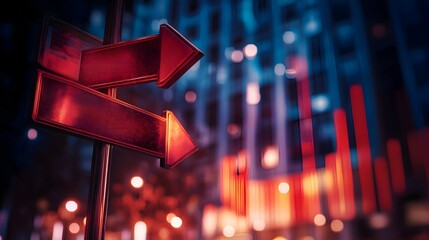 A crossroads sign with arrows labeled Save, Invest, and Spend, placed in front of a backdrop of bar charts