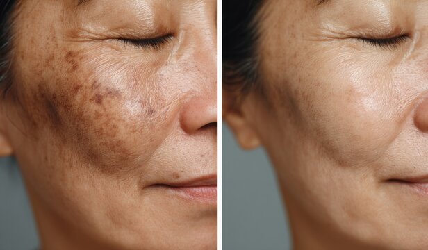 Cropped image showing before and after results of spot melasma pigmentation facial treatment on a middle-aged Asian woman's face, representing skincare and health issues