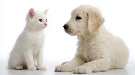 Adorable white kitten and golden retriever puppy facing each other on white background