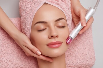A woman receives a facial hydro microdermabrasion peeling treatment at a cosmetic beauty spa clinic for face skin care, utilizing a hydra vacuum cleaner for exfoliation, rejuvenation, and hydration