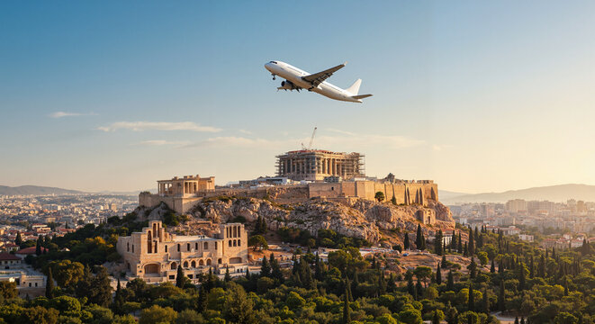 Airplane flying over the Acropolis in Athens during sunset  