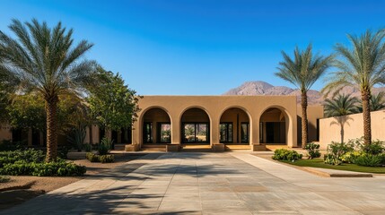 Obraz premium Desert Oasis: Modern Architecture with Palm Trees and Mountain Views