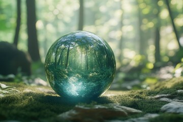 A glass orb reflects a serene forest scene, glowing gently on a mossy forest floor.