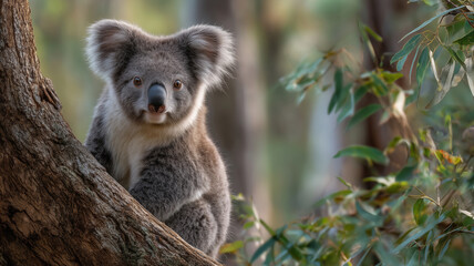 Obraz premium Close encounter with a koala climbing a eucalyptus tree in an Australian forest