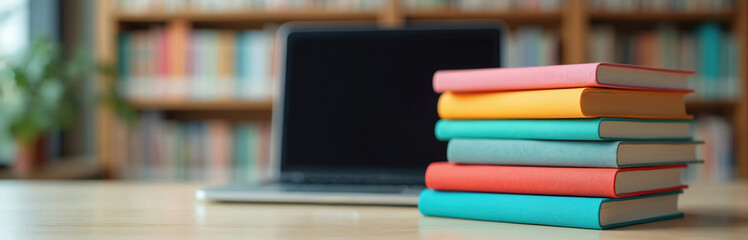 Stack of colorful books near laptop on desk in library. Study, education, research concept with blurred background books. Learning, reading, knowledge, literature and information.