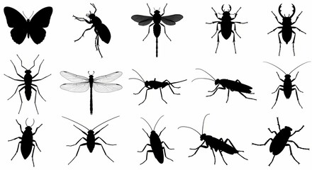 Silhouettes of various insect shapes on white background. Generative AI