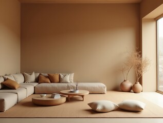 Obraz premium Japandi-style interior with warm sand-colored walls, wooden furniture, natural textiles, matte finishes, serene composition