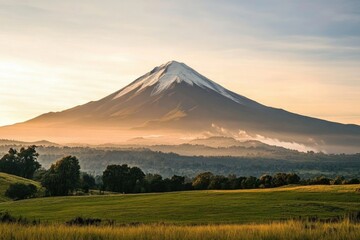 Fototapeta premium A majestic snow-capped mountain rises above a lush landscape under a soft, golden light during sunrise or sunset.