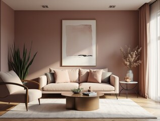 Fototapeta premium Modern interior in a Dusty Mauve palette, glass coffee table, soft sofa, statement artwork, warm diffused light
