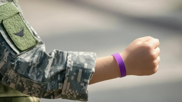 Close-up of military camouflage uniform with purple awareness wristband on wrist