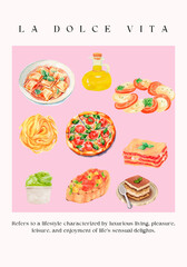 set of food and drinks